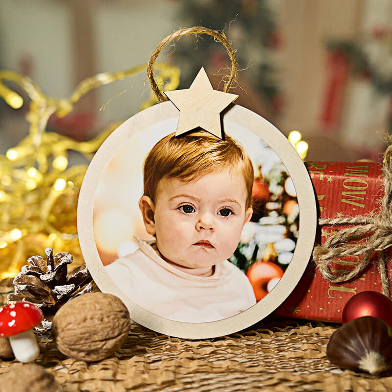 Χριστουγεννιάτικο ξύλινο στολίδι 12,5 cm με φωτογραφία μωρού